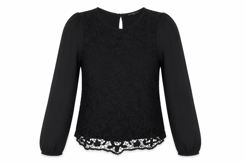 Warehouse Womens Black Viscose Basic Blouse Size 10 Round Neck - Lace Front