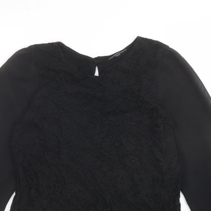 Warehouse Womens Black Viscose Basic Blouse Size 10 Round Neck - Lace Front