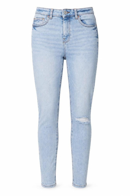 Front view of Denim & Co. women’s blue cotton skinny jeans, size UK 8, 27-inch leg regular button