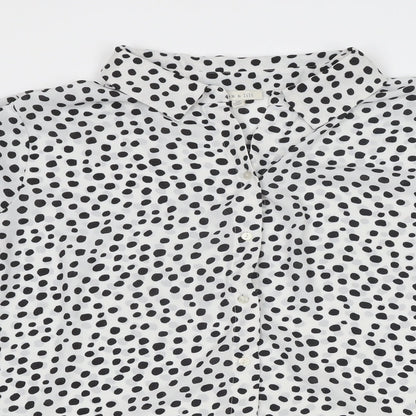 Close-up detail of alex & lili women’s white polka dot polyester basic button-up, size XL, collared