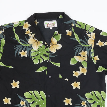 Waikiki Mens Black Geometric Polyester Button-Up Size S Collared Button - Leaf Print