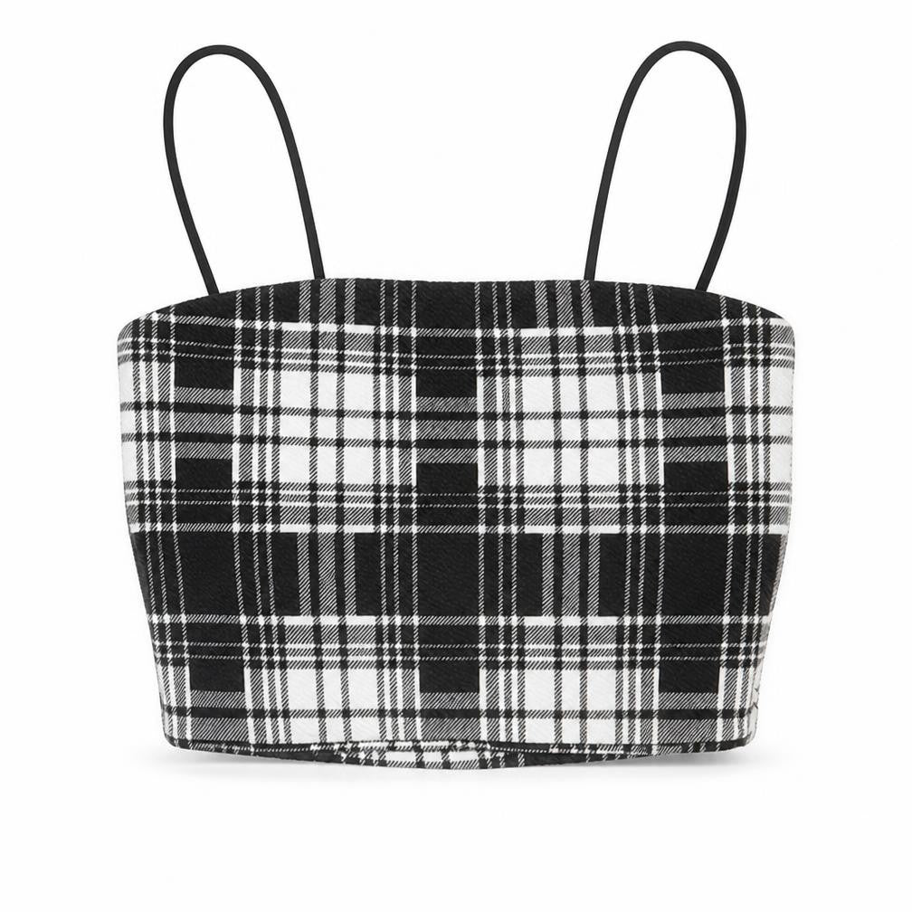 PRETTYLITTLETHING Womens Black Plaid Polyester Cropped Tank Size 4 Square Neck