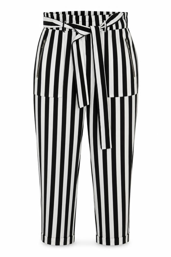 VERO MODA Womens Black Striped Polyester Trousers Size M L24 in Regular Tie