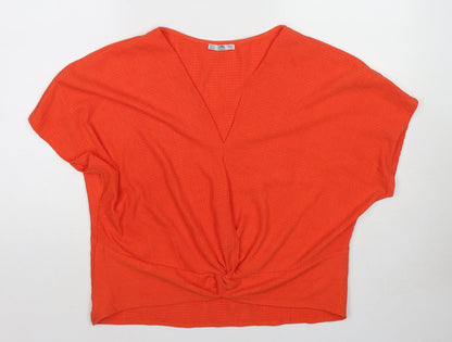 Zara Womens Orange Polyester Basic Blouse Size L V-Neck - Twist Detail