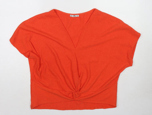 Zara Womens Orange Polyester Basic Blouse Size L V-Neck - Twist Detail