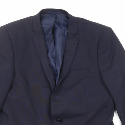 Close-up detail of ASOS men’s blue polyester jacket suit jacket, size 40, regular