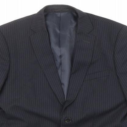 Close-up detail of French Connection men’s black striped polyester jacket suit jacket, size 38, regular
