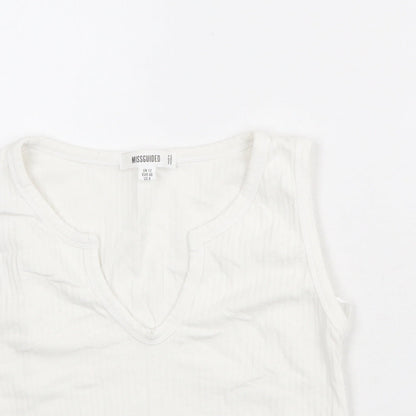 Close-up detail of Missguided women’s white polyester cropped tank, size UK 12, v-neck