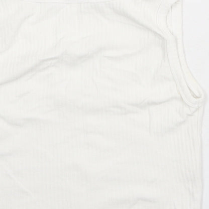 Brand and care label for Missguided women’s white polyester cropped tank, size UK 12, v-neck