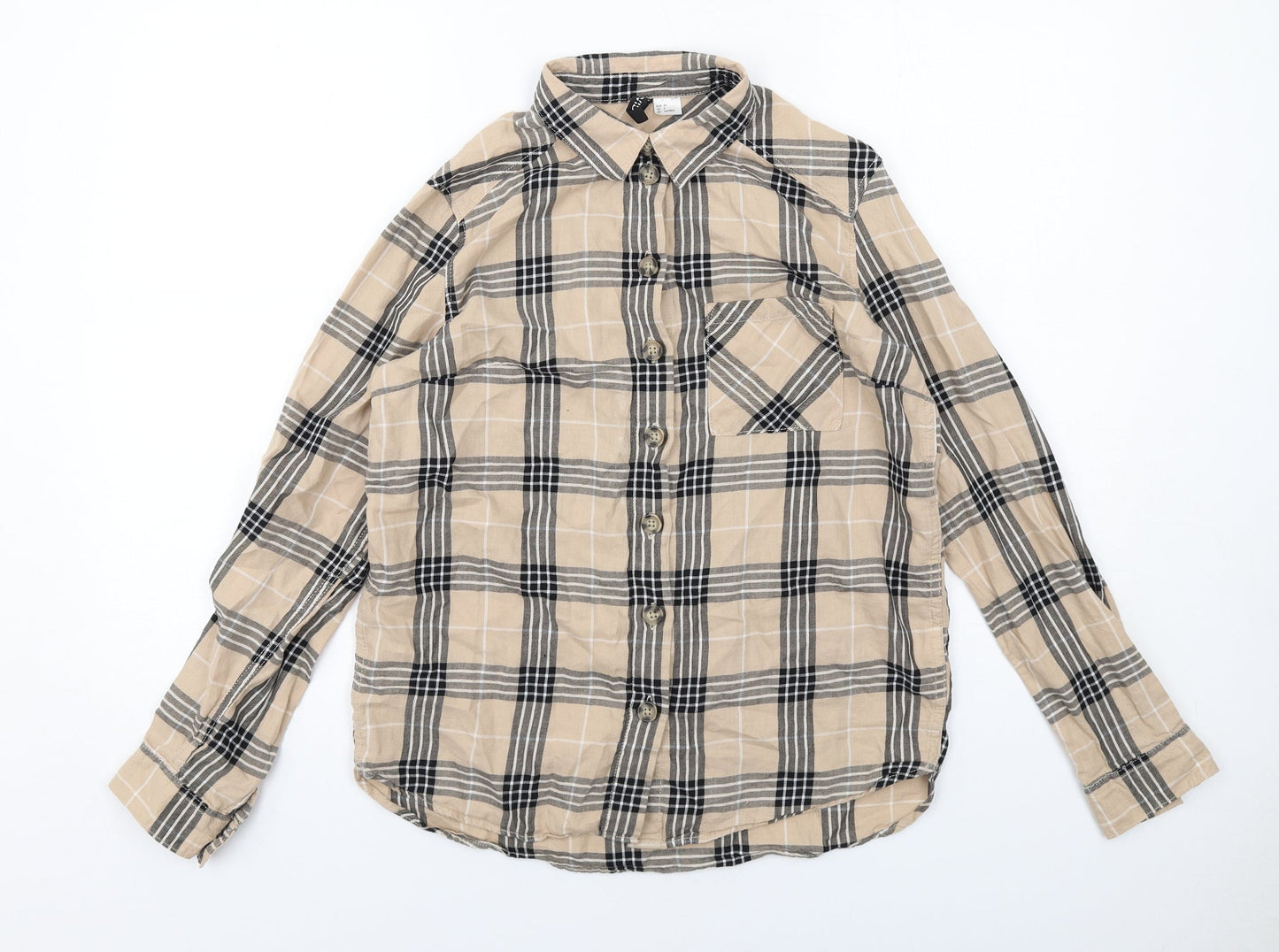 H&M Womens Beige Plaid Cotton Basic Button-Up Size 6 Collared