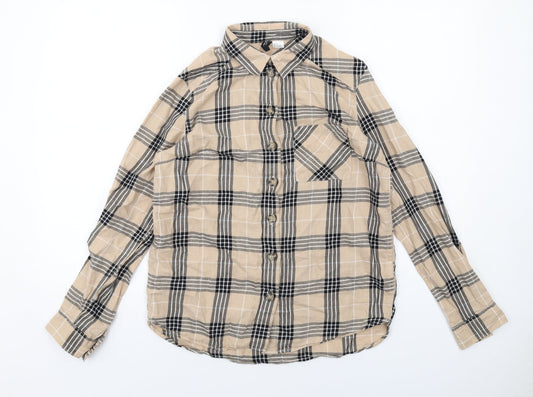 H&M Womens Beige Plaid Cotton Basic Button-Up Size 6 Collared