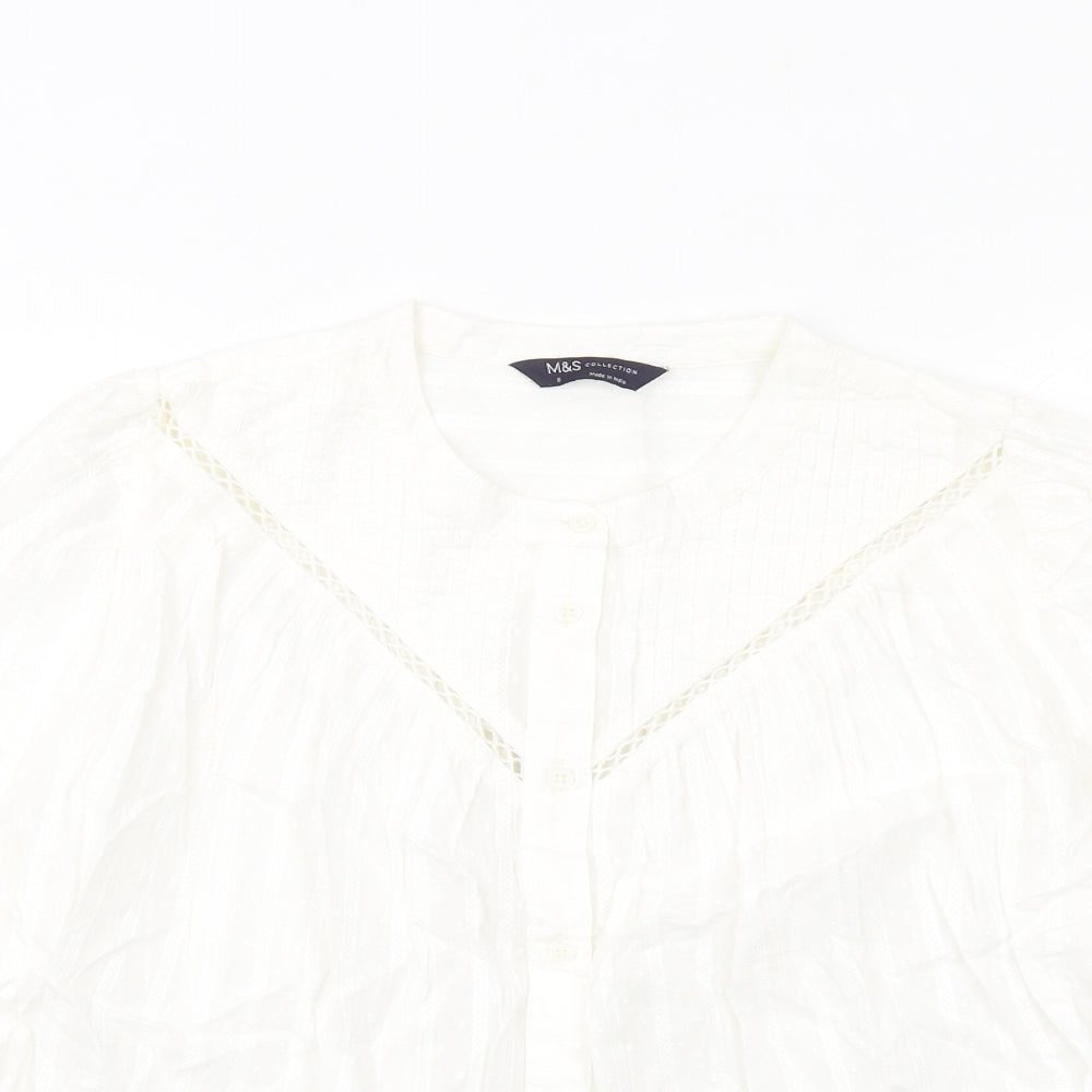Marks and Spencer Womens White Cotton Basic Button-Up Size 8 Round Neck