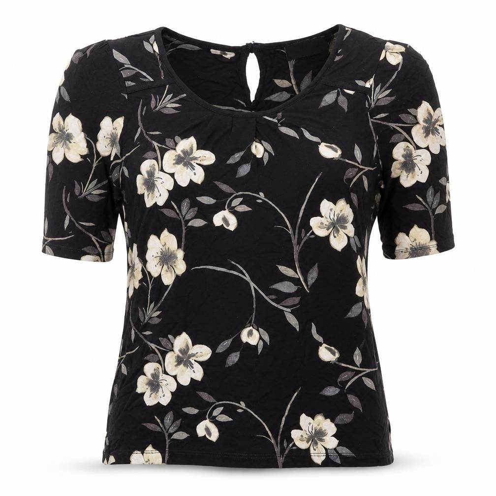 NEXT Womens Black Floral Viscose Basic T-Shirt Size 6 Scoop Neck