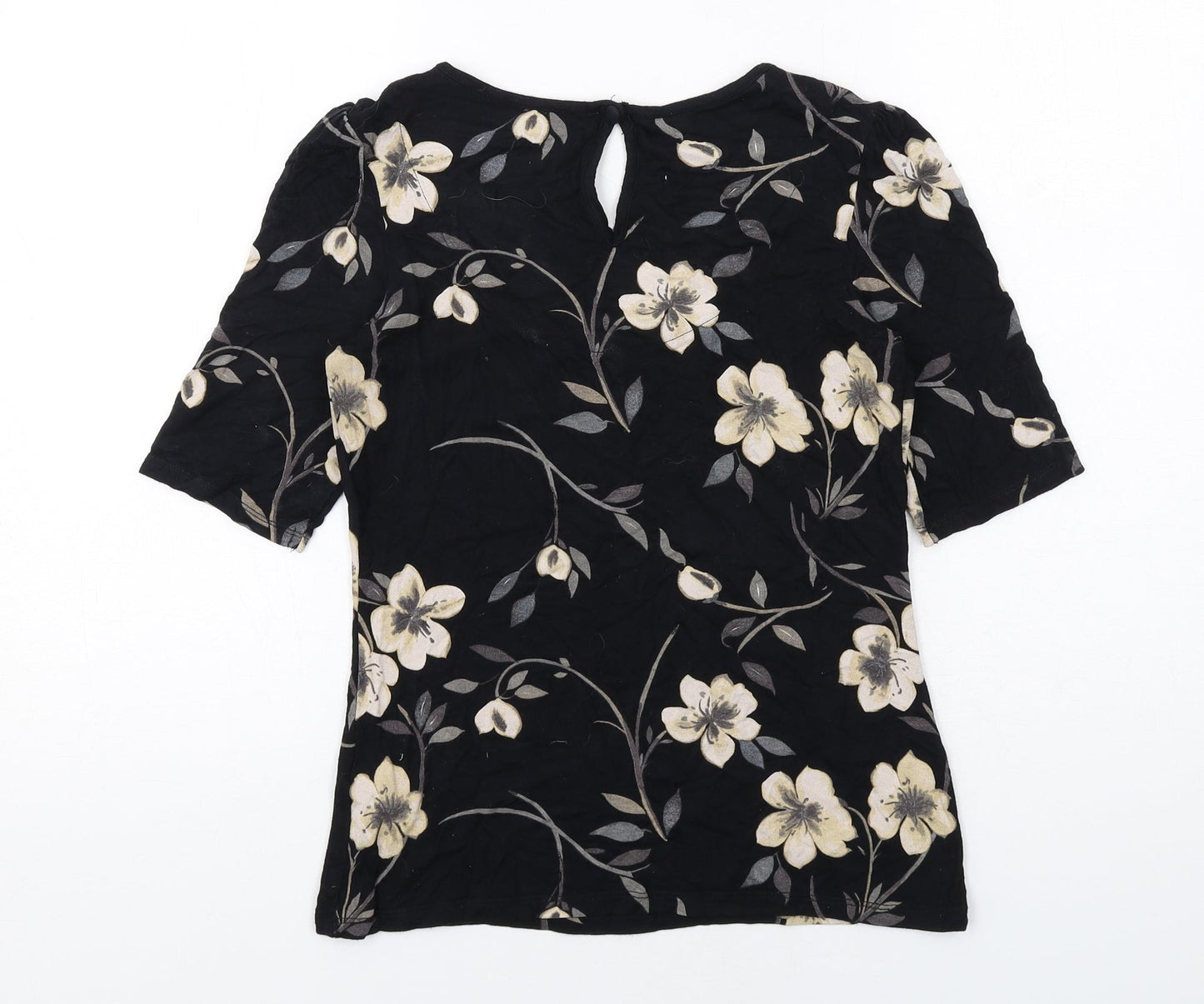 NEXT Womens Black Floral Viscose Basic T-Shirt Size 6 Scoop Neck