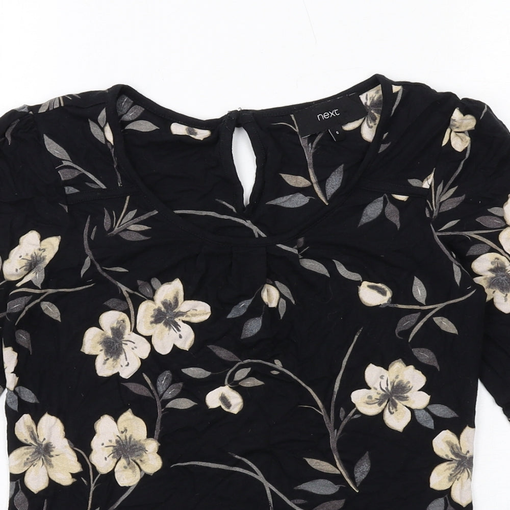 NEXT Womens Black Floral Viscose Basic T-Shirt Size 6 Scoop Neck