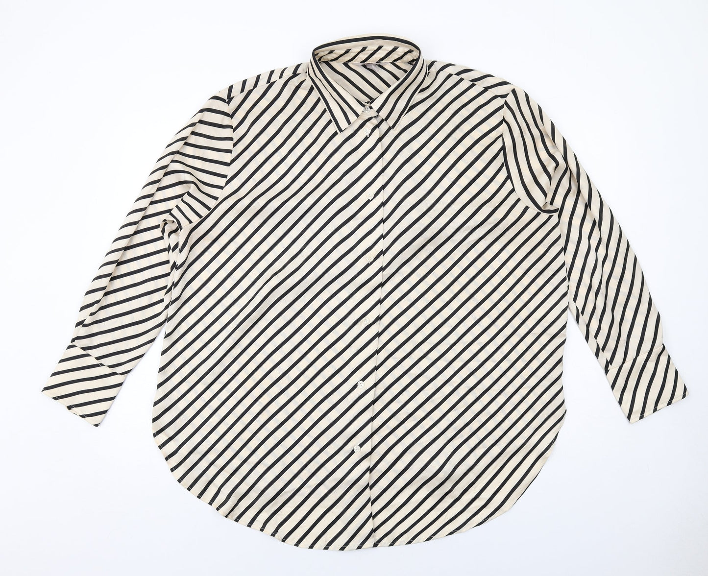 H&M Womens Ivory Striped Polyester Basic Button-Up Size L Collared