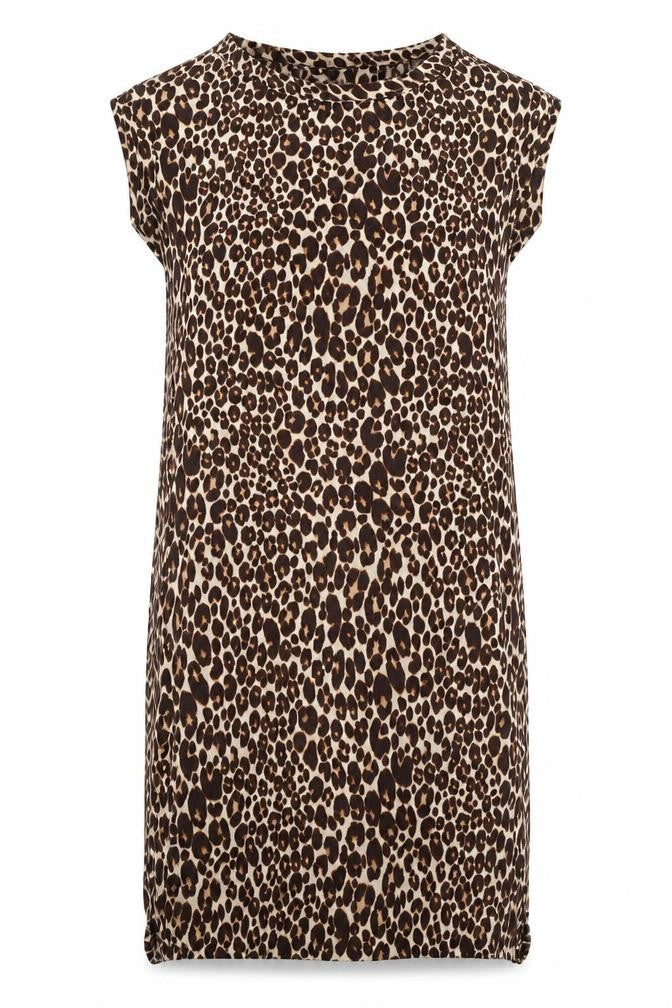 Next Womens Beige Animal Print Viscose T-Shirt Dress Size 8 Round Neck Pullover - Leopard Print