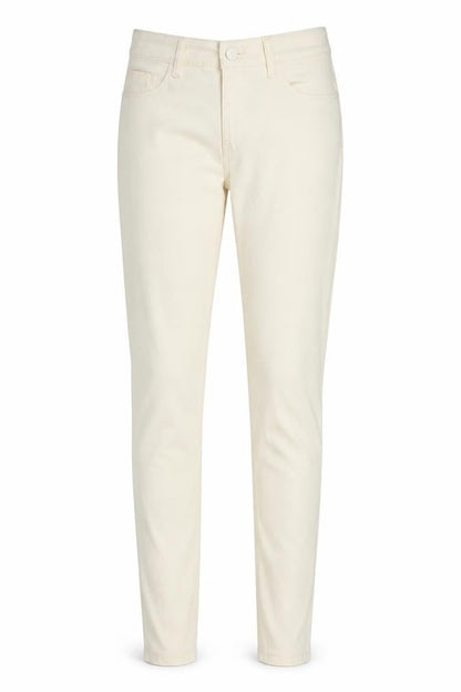 Front view of Denim & Co. women’s ivory polyester trousers, size UK 8, 28-inch leg regular zip