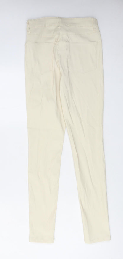 Back view of Denim & Co. women’s ivory polyester trousers, size UK 8, 28-inch leg regular zip
