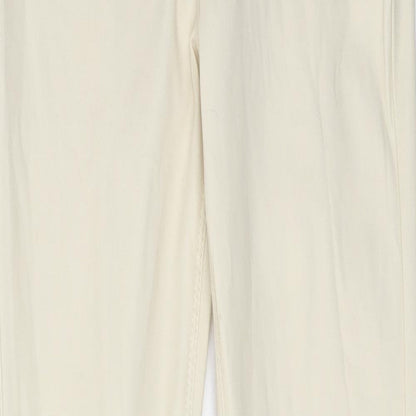 Close-up detail of Denim & Co. women’s ivory polyester trousers, size UK 8, 28-inch leg regular zip