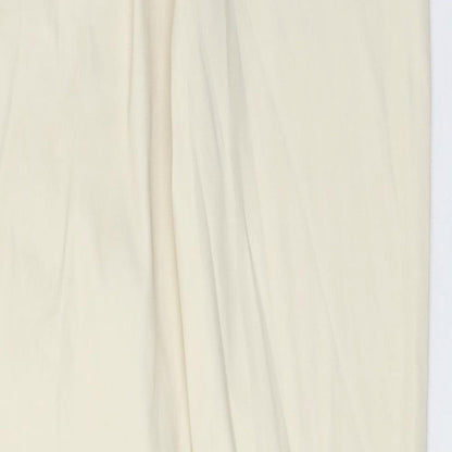 Brand and care label for Denim & Co. women’s ivory polyester trousers, size UK 8, 28-inch leg regular zip