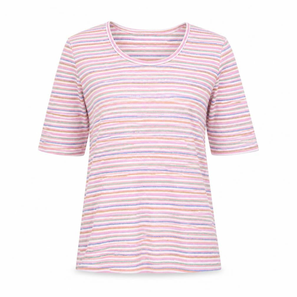 First Avenue Womens Multicoloured Striped Cotton Basic T-Shirt Size S Round Neck