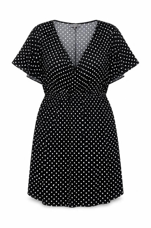 Front view of Red Herring women’s black polka dot polyester a-line, size UK 10, v-neck pullover
