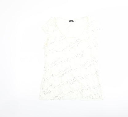 Additional front view of Roman women’s ivory geometric polyester basic t-shirt, size UK 12, scoop neck