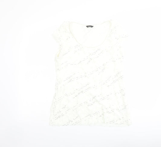Roman Womens Ivory Geometric Polyester Basic T-Shirt Size 12 Scoop Neck