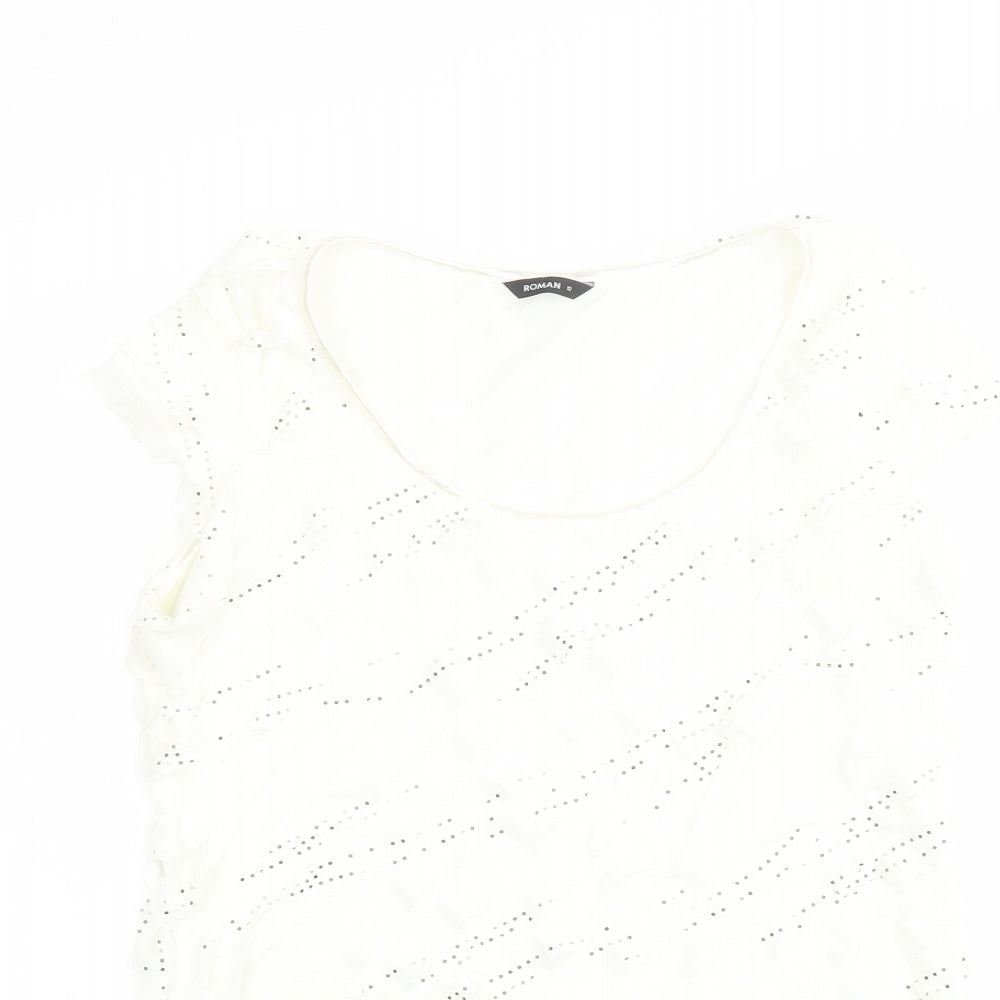 Roman Womens Ivory Geometric Polyester Basic T-Shirt Size 12 Scoop Neck