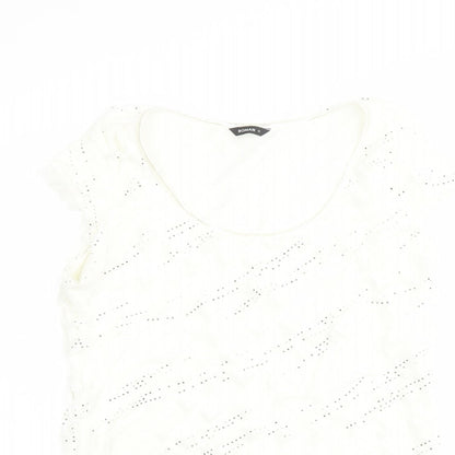 Close-up detail of Roman women’s ivory geometric polyester basic t-shirt, size UK 12, scoop neck