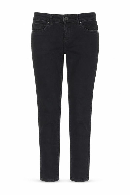 Front view of Denim & Co. women’s black cotton skinny jeans, size UK 8, 30-inch leg regular button