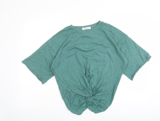 Zara Womens Green Round Neck Cotton Pullover Jumper Size S - Knot Front
