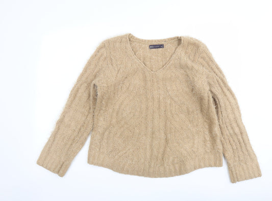 Marks and Spencer Womens Beige V-Neck Polyester Pullover Jumper Size M