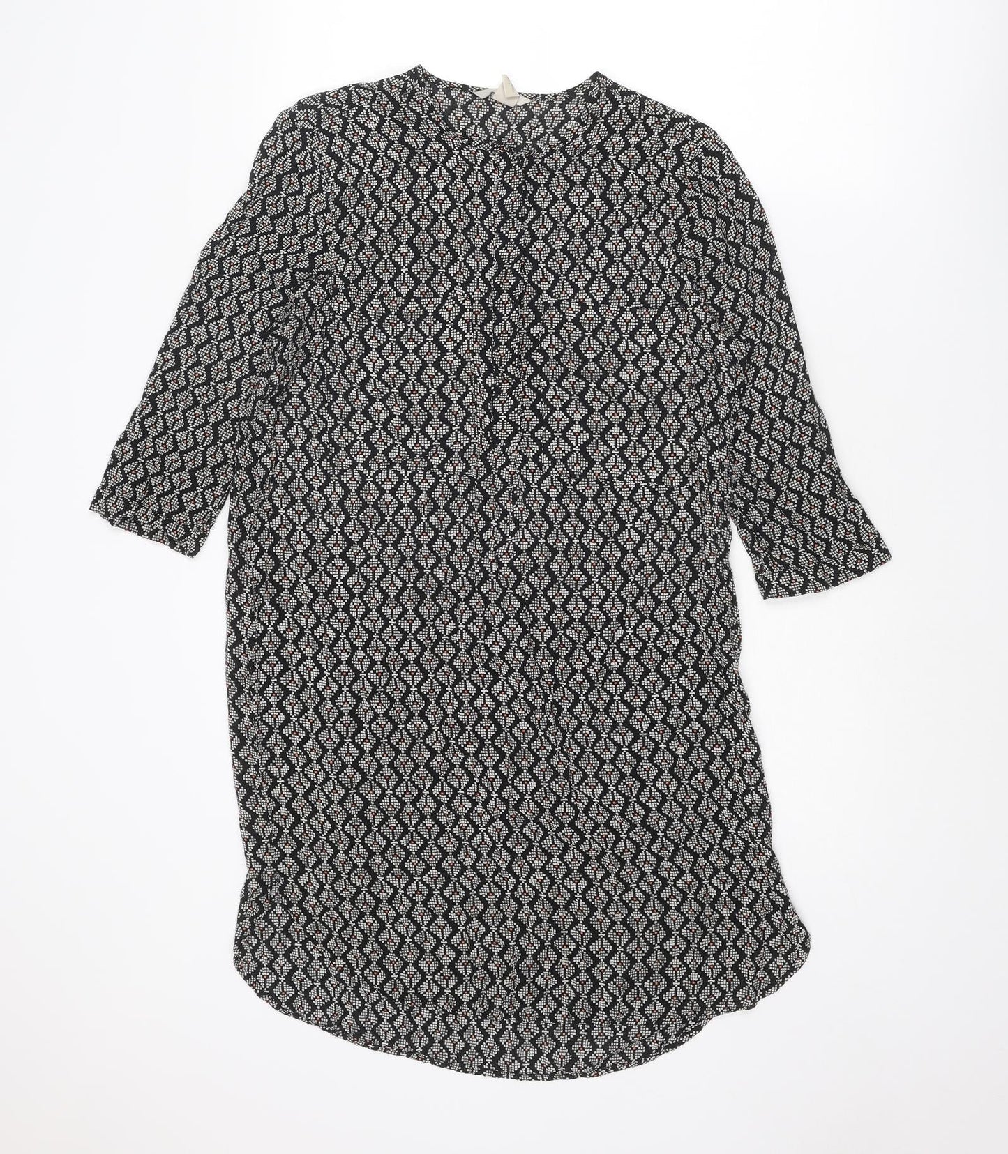 H&M Womens Black Geometric Viscose A-Line Size 8 Round Neck Button