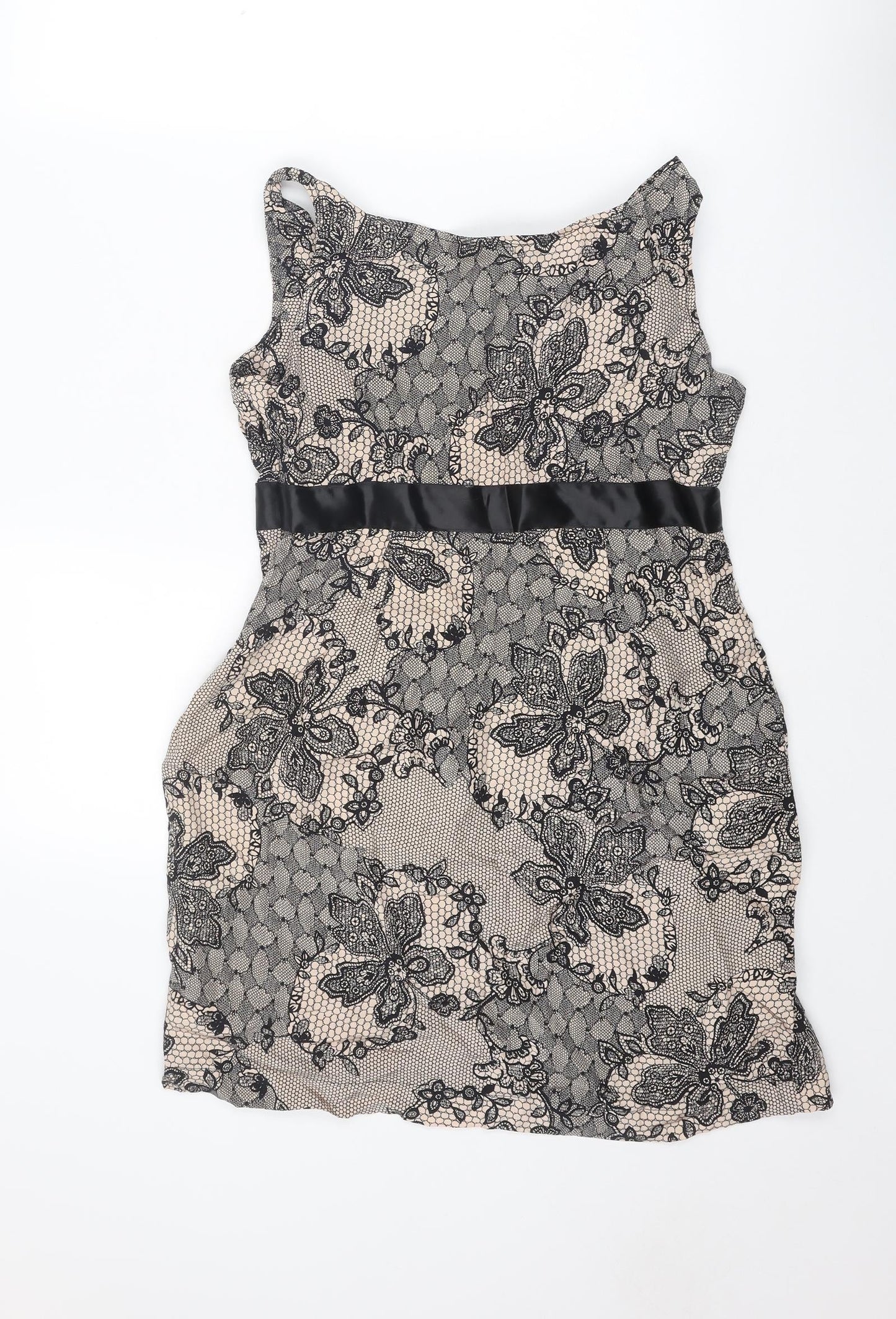 New Look Womens Pink Floral Polyester Pencil Dress Size 12 Boat Neck Zip - Lace Overlay