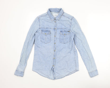 Additional front view of Denim & Co. women’s blue cotton basic button-up, size UK 8, collared