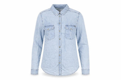 Front view of Denim & Co. women’s blue cotton basic button-up, size UK 8, collared