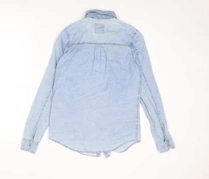 Back view of Denim & Co. women’s blue cotton basic button-up, size UK 8, collared