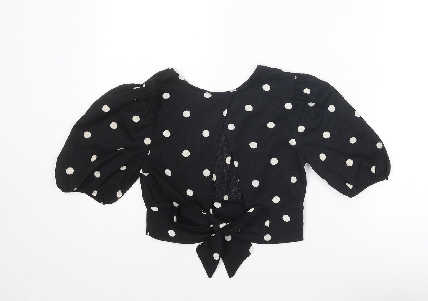 H&M Womens Black Polka Dot Polyester Cropped Blouse Size XS Boat Neck - Tie Back Detail