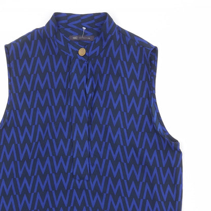 Marks & Spencer Womens Blue Geometric Polyester Basic Blouse Size 12 Round Neck
