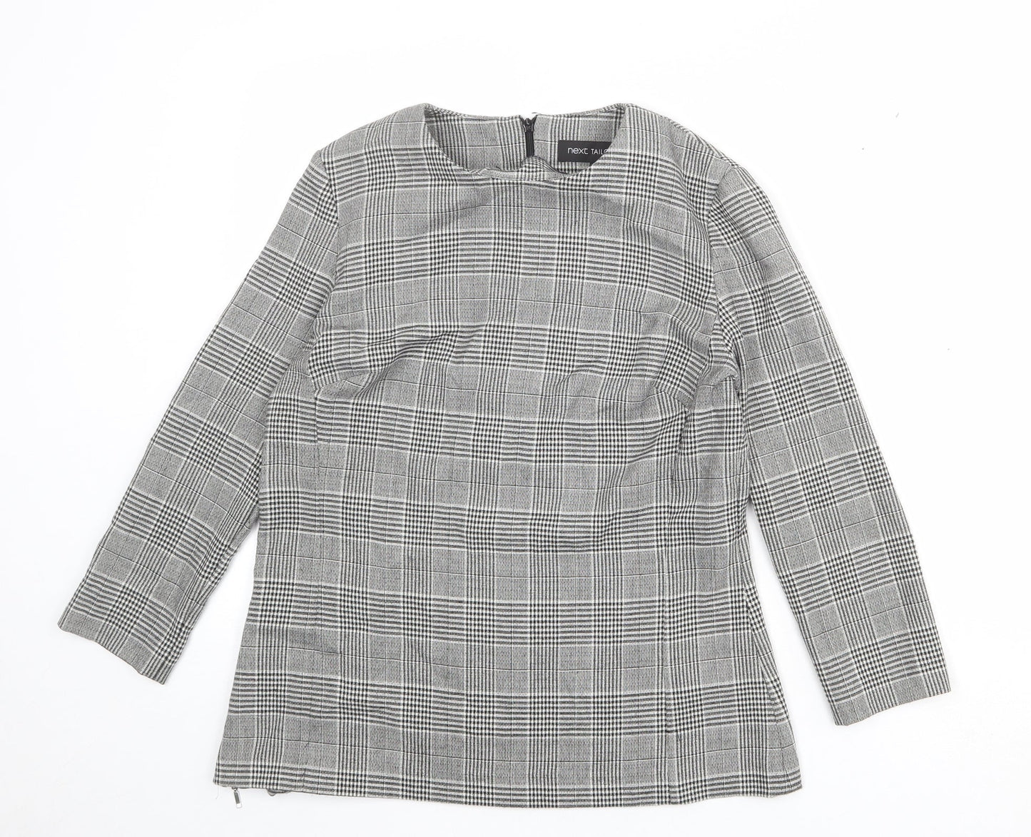 NEXT Womens Grey Plaid Polyester Basic Blouse Size 14 Round Neck