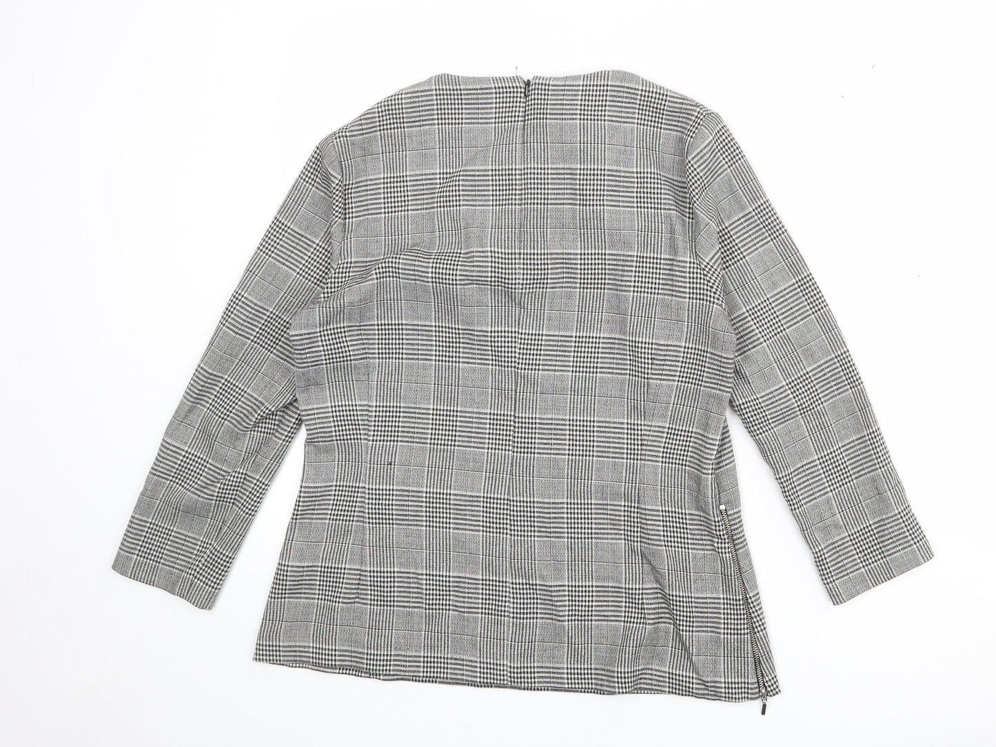 NEXT Womens Grey Plaid Polyester Basic Blouse Size 14 Round Neck