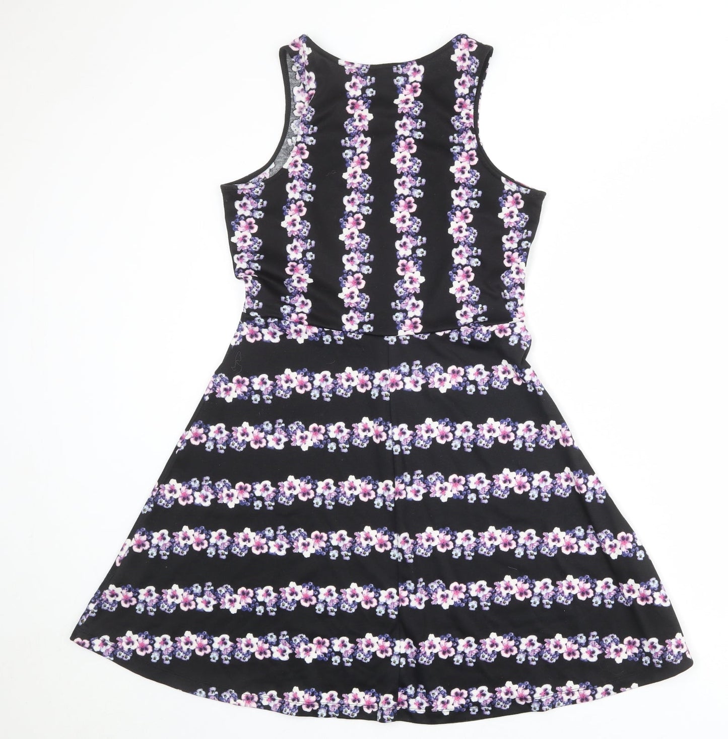 H&M Womens Black Floral Polyester Fit & Flare Size M Boat Neck Pullover