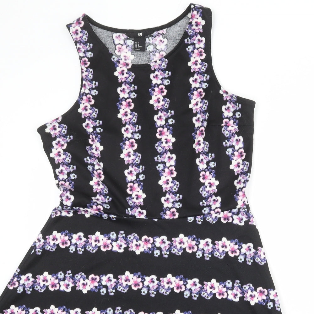 H&M Womens Black Floral Polyester Fit & Flare Size M Boat Neck Pullover