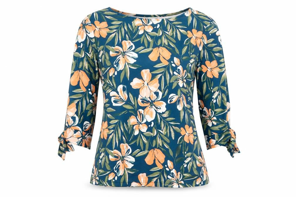 Damart Womens Blue Floral Polyester Basic Blouse Size 10 Boat Neck