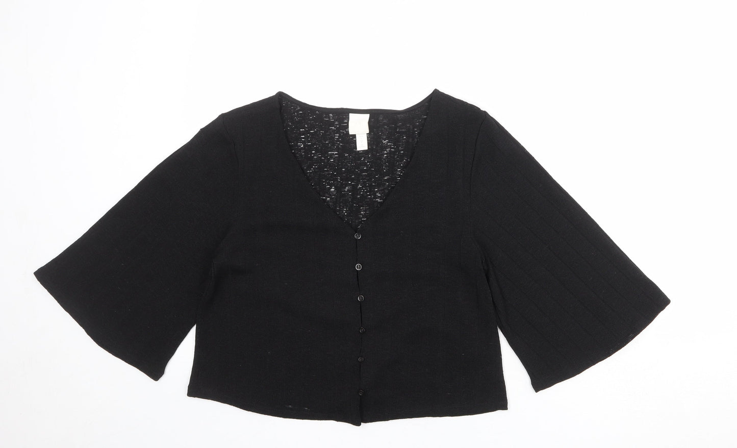 H&M Womens Black Polyester Basic Button-Up Size S V-Neck - Wide Sleeve