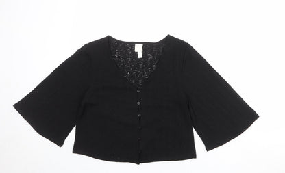 H&M Womens Black Polyester Basic Button-Up Size S V-Neck - Wide Sleeve