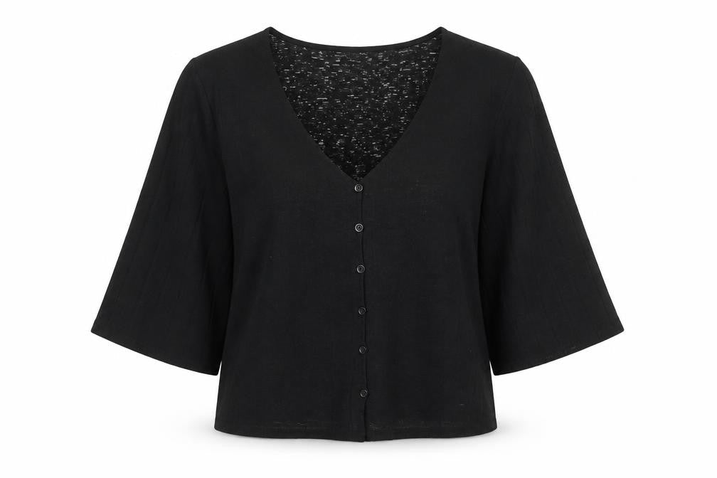 H&M Womens Black Polyester Basic Button-Up Size S V-Neck - Wide Sleeve