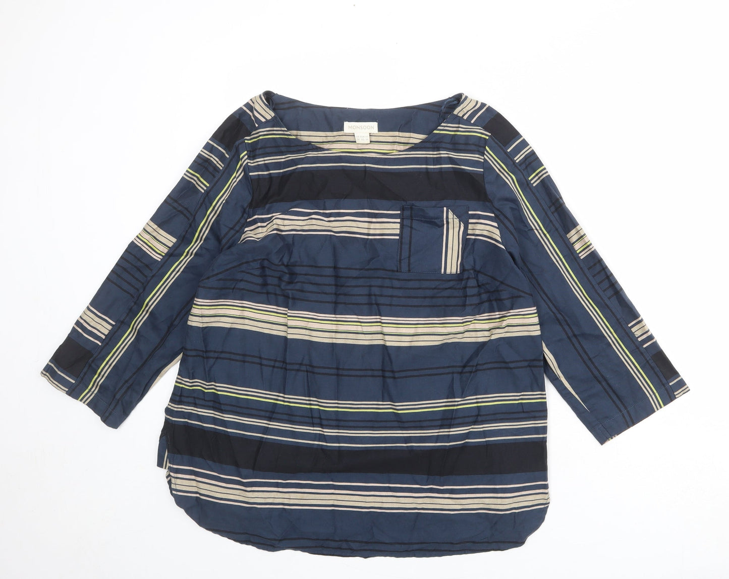 Monsoon Womens Multicoloured Striped 100% Cotton Basic Blouse Size 14 Boat Neck